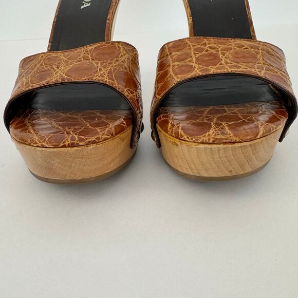 Prada Wedge Platform Clogs Heels Cognac Croc Leather Open-Toe Brown 38 (US 8) - Picture 4 of 13